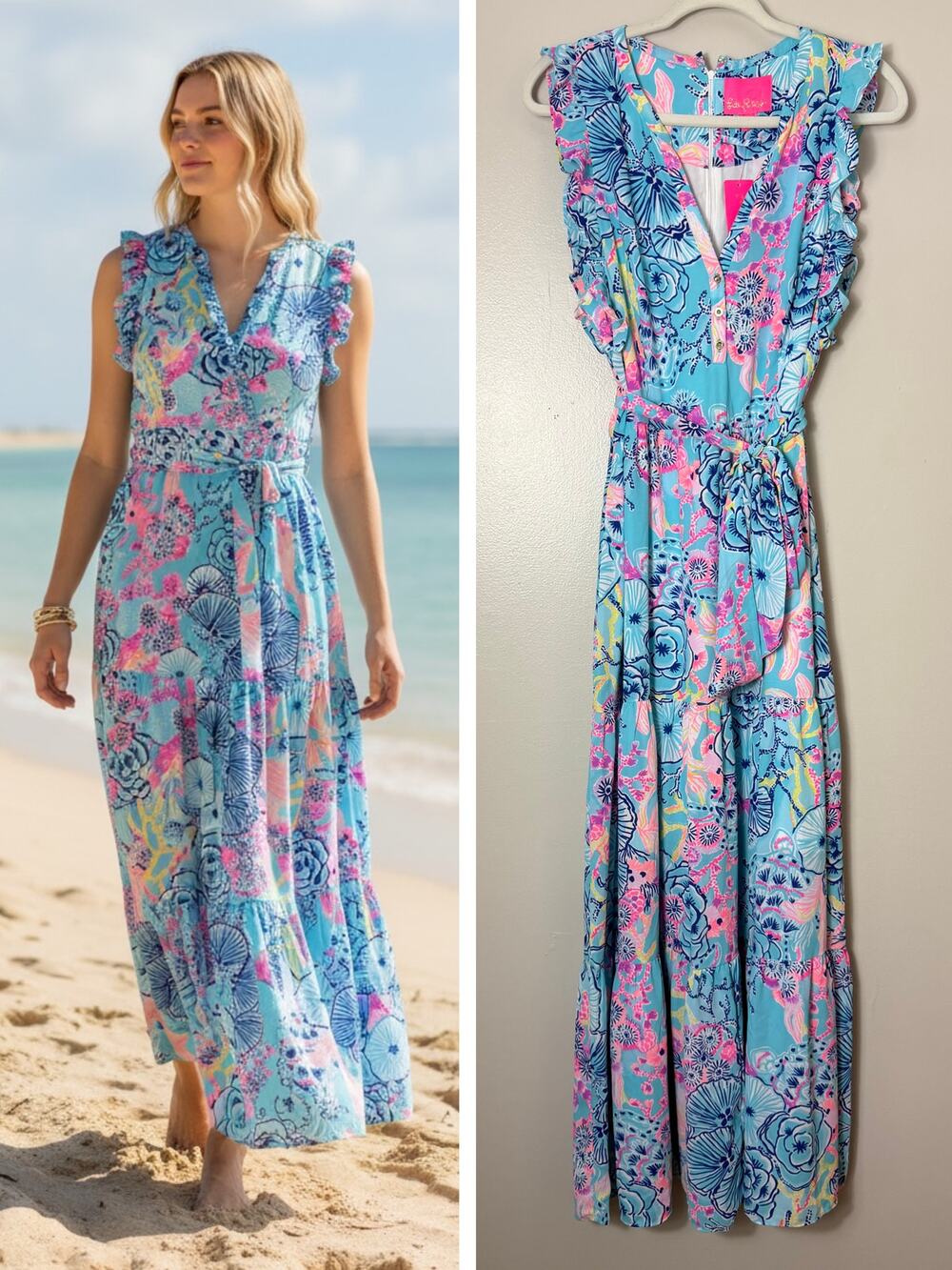 Lilly Pulitzer Blue Maxi Dress Beach Vacation Tropical Nautical - Picture 1 of 16